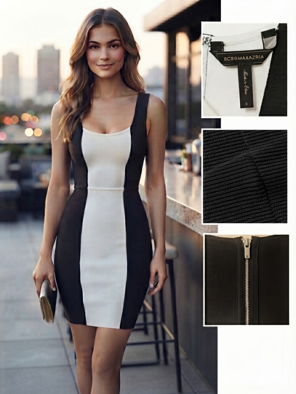 BCBGMAXAZRIA Black White Colorblock Bandage Bodycon Dress Small S